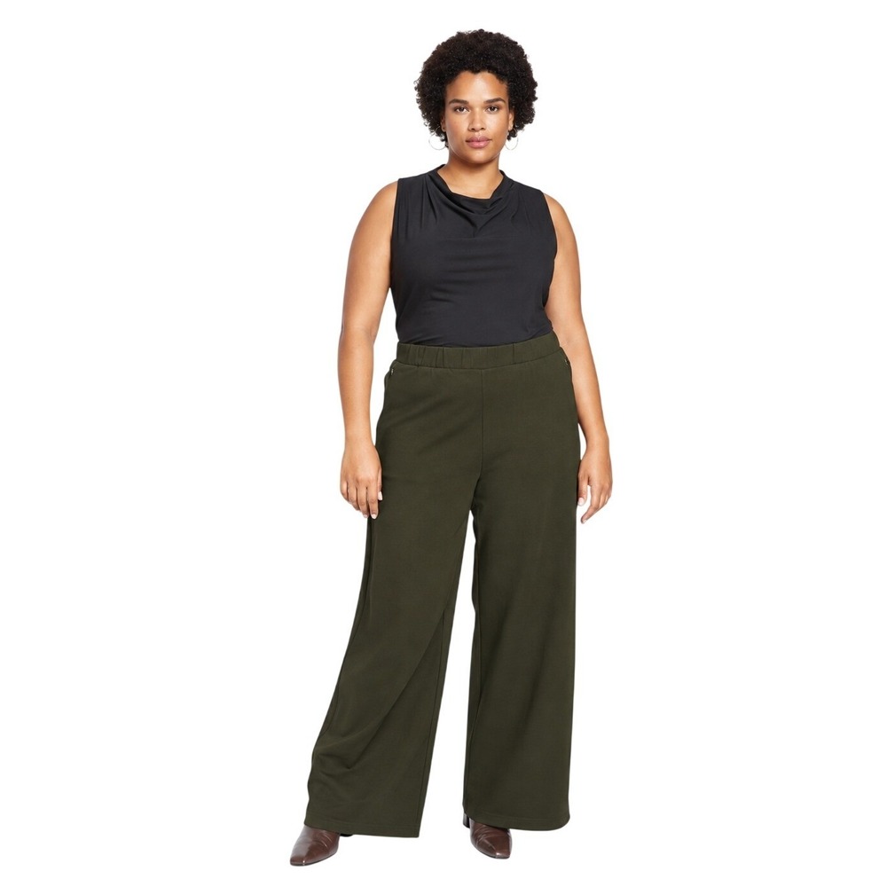 Universal Standard Dark Olive "Stephanie" Ponte Wide Leg Pull On Pants Sz 4X